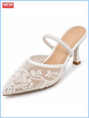 Embroidered Floral Mesh Kitten Heel Slingback Pointed Toe Wedding Heels
